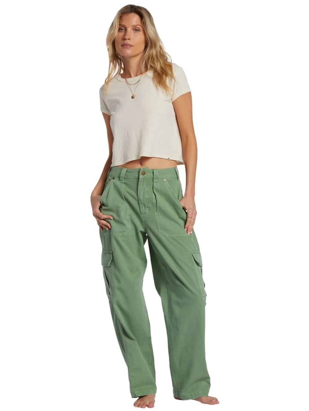 Billabong Walk Along Pants Green Twill Cargo Utilitarian Wide Leg Trousers Sz - Picture 3 of 14